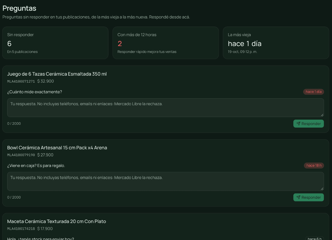 Preguntas sin responder en Cuadra, con cuántas llevan más de 12 horas y una caja para responder cada una.